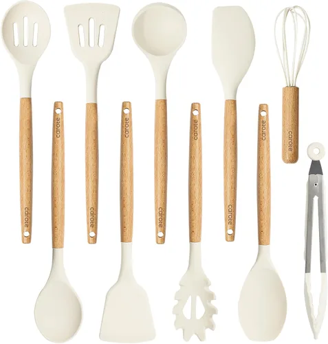 CAROTE Juego de utensilios de cocina de silicona, juego de 10 utensilios de cocina para cocinar, juego de espátulas sin BPA con asas de madera