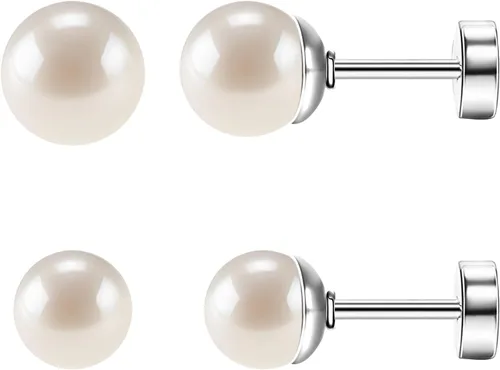 Miniatura 9 de SmileBelle 2 pares de aretes de perlas, aretes de titanio con parte trasera plana, rellenos de calcetín para mujer, aretes hipoalergénicos