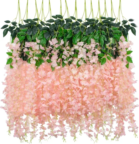 Miniatura 25 de Paquete de 12 flores colgantes de glicina artificial, guirnalda de flores de glicina falsas, enredaderas de seda, decoración de ratán para el hogar