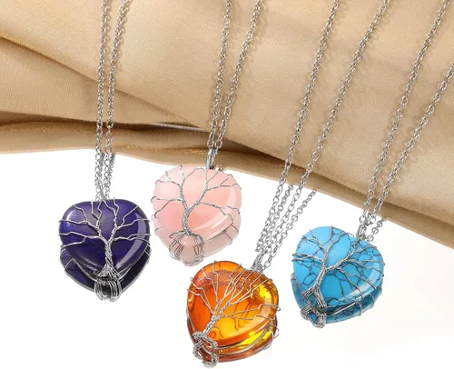 Miniatura 6 de Bestyle Collar de cristal curativo envuelto en árbol de la vida, colgante de piedra natal de 12 meses para parrillas de mujer, joyería de piedras