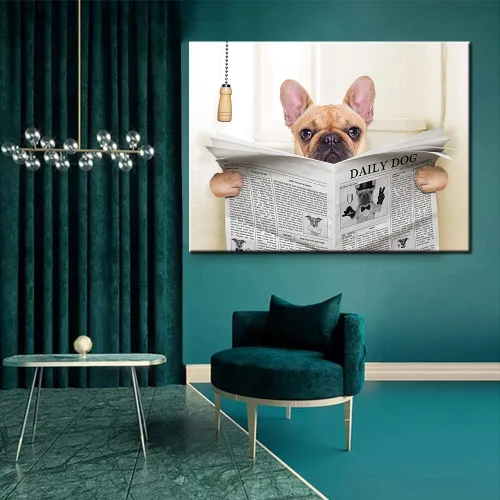 Miniatura 2 de Anmaseven Póster artístico de perro bulldog francés sentado en el inodoro y leyendo revista, impresión divertida de pintura artística para Sin marco
