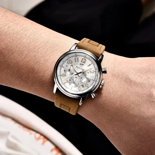 Miniatura 3 de BENYAR - Reloj de pulsera elegante para hombre, reloj de correa de cuero auténtico, movimiento de cuarzo perfecto, impermeable y resistente a