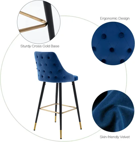 Miniatura 4 de DUHOME Juego de 2 taburetes de bar con botones de terciopelo, modernos taburetes de bar de 30 pulgadas con respaldo y base dorada para cocina, Azul