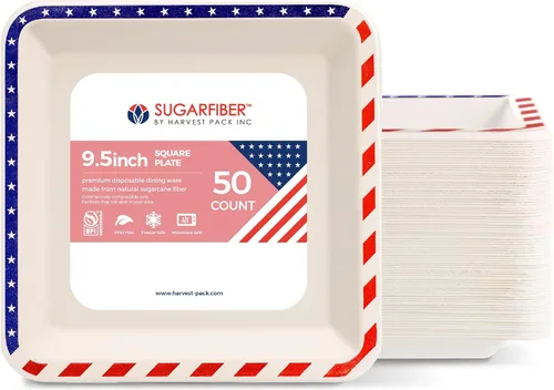 Miniatura 11 de Paquete de cosecha de 6.5 pulgadas, platos cuadrados desechables compostables con bandera americana, sin PFAS, para fiesta patriótica, 4 de julio