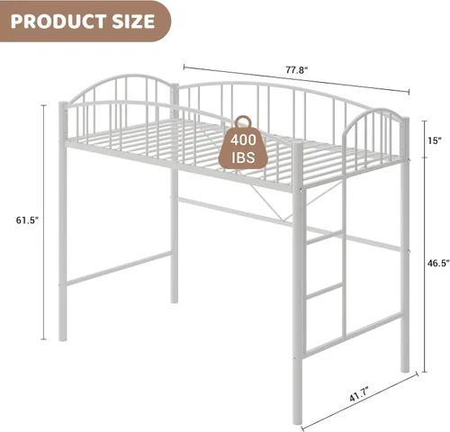 Miniatura 3 de Cama alta de metal resistente tamaño individual con escalera y barandilla arqueada, soporte de listones de acero resistente, diseño que ahorra