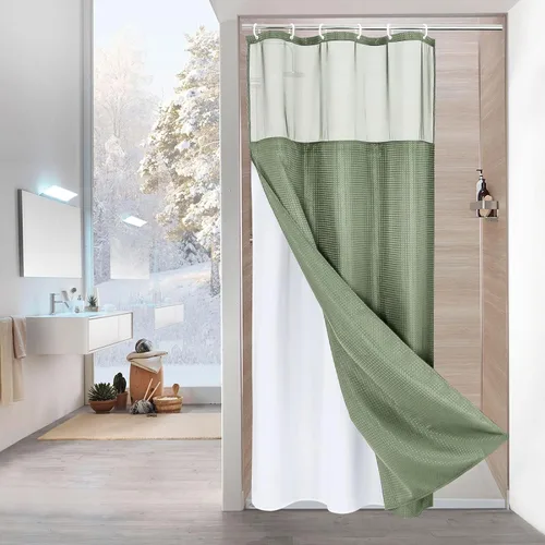 Miniatura 22 de MitoVilla Cortina de ducha pequeña beige de 36 x 72 pulgadas, juego de cortina de ducha de tela de punto gofre de tamaño medio estrecho con forro