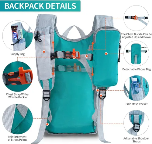 Miniatura 5 de Mochila de senderismo de 10L/15L, pequeña, ligera, plegable, para viajes, resistente al agua, para mujeres y hombres (Verde Lago, 10L)