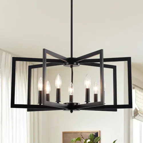 Miniatura 13 de Candelabro de Granja para Comedor de 5 Luces Negro Rústico de Tambor Candelabros de 20" Textura de Madera Lámpara Colgante Ajustable para Isla