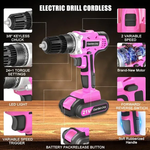 Miniatura 8 de GardenJoy Juego de Taladro Inalámbrico de 20V, Kit Eléctrico de Potencia 2 Baterías Con Cargador 30Nm 2 Velocidades Portabrocas Sin Llave de 3/8