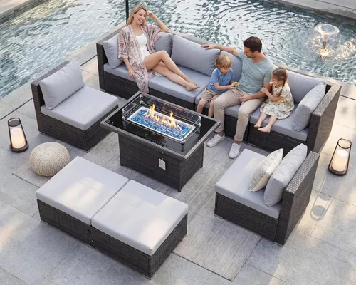 Miniatura 56 de BULEXYARD Juego de 7 piezas de sofá seccional para exteriores con respaldo alto, mesa para fogatas, juego de muebles de patio de mimbre resistente a