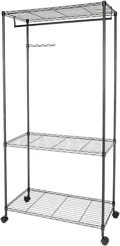 Miniatura 3 de Polyial Weave 3 niveles de gran tamaño ajustable resistente estante de ropa con estantes dobles para ropa y ruedas con bloqueo+1 par de ganchos