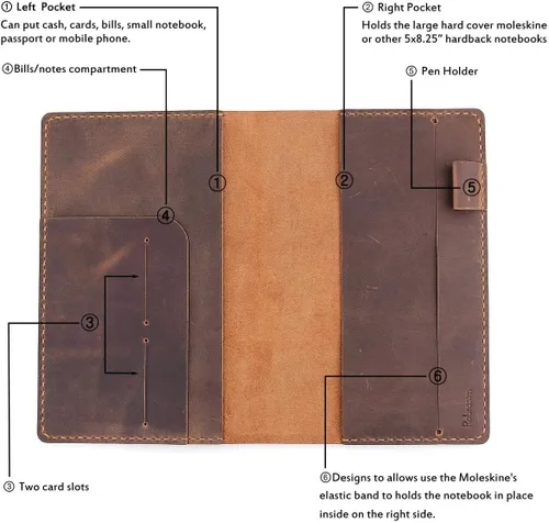 Miniatura 5 de Robrasim Funda de Cuero para Diario Compatible con Cuaderno de Tapa Dura Grande Moleskine, Funda de Cuero Vintage Hecha a Mano para Cuadernos