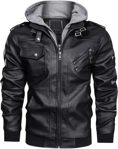 CRYSULLY - Chaqueta de piel para hombre, estilo vintage para otoño e invierno, con capucha extraíble, para motociclistas