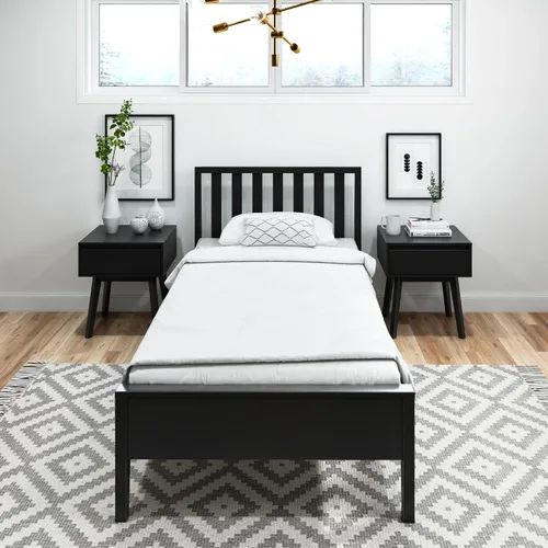Miniatura 3 de Plank+Beam Base de cama individual moderna de madera maciza con cabecera de listones, plataforma escandinava con soporte de listones de madera, Negro