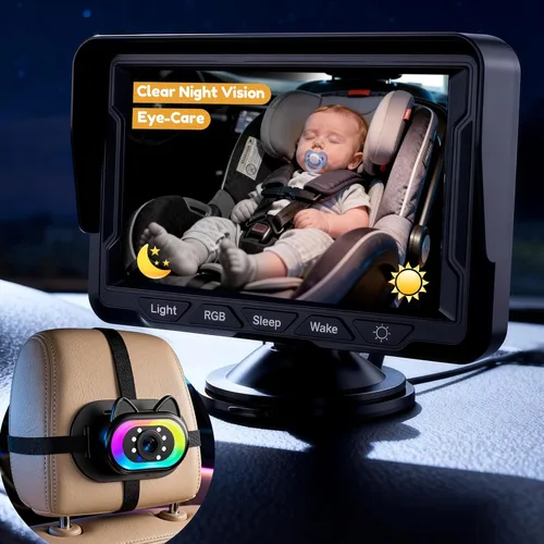 Wkzay Cámara de Coche para Bebé para Asiento Trasero – HD 1080P, Ángulo Amplio de 150°, Visión Nocturna, Fácil Instalación, Luz LED Ajustable,