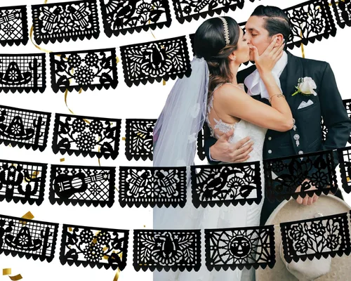 Miniatura 3 de Pancartas de papel picado negras, decoraciones de fiesta, pancarta de fiesta mexicana, banderines, guirnaldas, serpentinas para bodas, quinceañeras