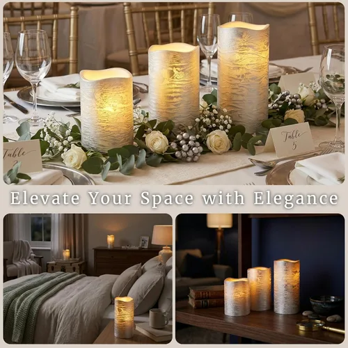 Miniatura 5 de Lavish Home Juego de 3 velas LED sin llama con control remoto, velas de pilar de cera real con temporizador y acabado metálico envejecido (plateado)