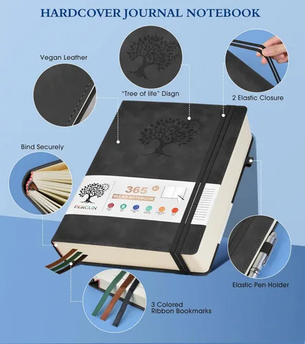 Miniatura 3 de PERCUN Cuaderno rayado A4, 365 páginas de gran tamaño, cuadernos de cuero para escribir para mujeres y hombres, cuaderno de tapa dura con páginas