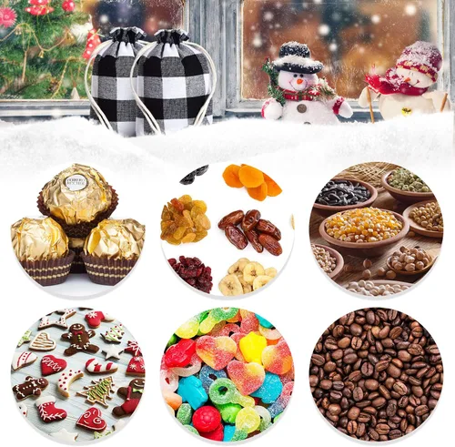 Miniatura 5 de Boao 24 piezas Bolsas de Navidad Bolsas de regalo con cordón de Navidad a cuadros de búfalo envoltura de regalo de algodón bolsa de dulces
