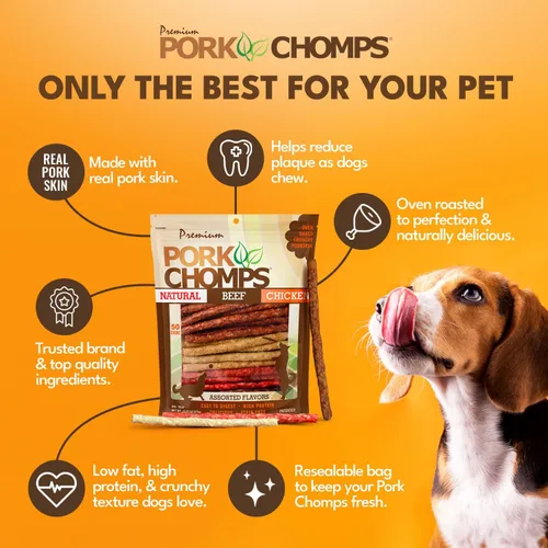 Miniatura 3 de Pork Chomps Masticables para perros, 5 pulgadas, 50 unidades, sabores variados: cerdo asado, pollo y tocino, golosinas de larga duración