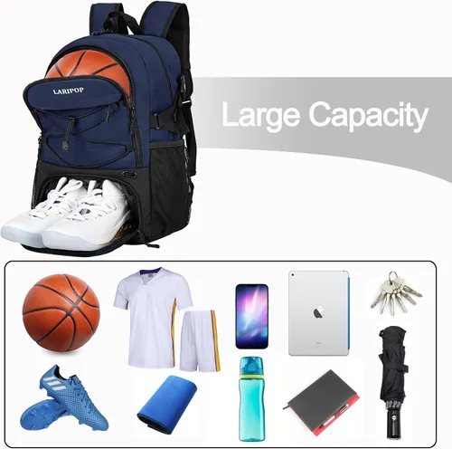 Miniatura 3 de LARIPOP Basketball Backpack with Ball Compartment - Ventilated Shoe Pocket Fits US Size 15, Water Resistant 30L Sports Bag for Men Women Teen