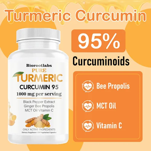 Miniatura 2 de Curcumina de cúrcuma con pimienta negra Suplemento de curcumina de cúrcuma pura 95% de curcuminoides con propóleo de abeja, jengibre, aceite