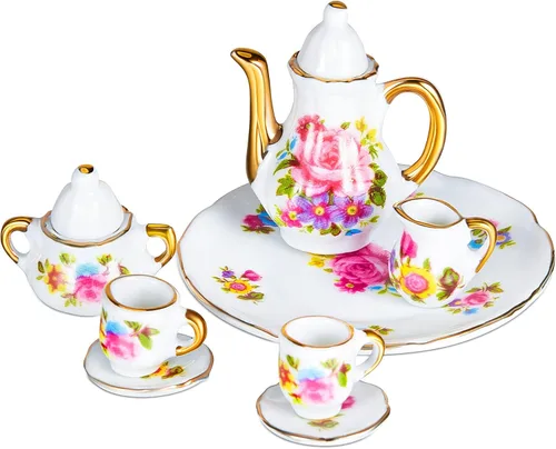 Skylety Juego de tazas de té para casa de muñecas 1:12, accesorios de porcelana en miniatura, 8 piezas de porcelana en miniatura, diseño de flores,