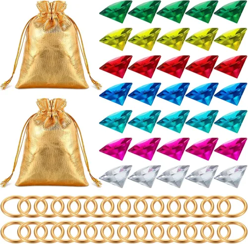 Chalyna Juego de 60 anillos redondos de aleación de diamantes acrílicos de aleación de oro, regalo de fiesta de Halloween, pirata, tesoro, caza,