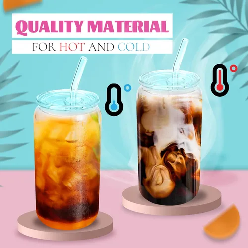 Miniatura 5 de Joyclub 4 vasos de vidrio con tapas y pajitas acrílicas, tazas de café helado de vidrio de 16 onzas con tapas y pajitas, lindos vasos para beber