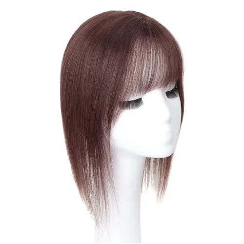Miniatura 7 de Parte media parte de seda parte base cabello humano Topper 2.8x3.9 in frente recto clip en postizo con flecos Wispy 7.9 in negro apagado