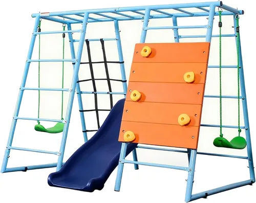 Parque infantil interior 6 en 1, gimnasio de la selva de metal con pared de escalada, tobogán, barras horizontales, escaleras de cuerda y dos Azul