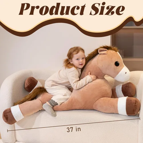 Miniatura 3 de Animales de peluche de caballo gigante, almohada de peluche grande de caballo grande, poni de peluche grande y suave de 37 pulgadas, lindos juguetes