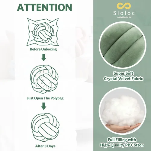 Miniatura 6 de Sioloc - Almohadas de nudo suave, cojín redondo para decoración del hogar, almohada de bola anudada hecha a mano (13.7 pulgadas, color verde)