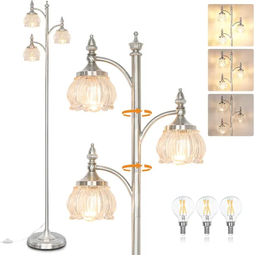 Miniatura 16 de JUNNAI Lámpara de pie negra para sala de estar, lámpara de pie alta, regulable, con 3 luces giratorias, pantalla de cristal, lámpara de esquina Negro
