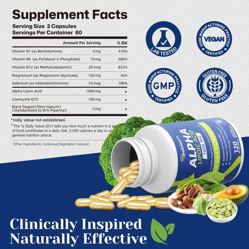 Miniatura 5 de Cápsulas de suplementos de neuropatía de ácido alfa lipoico de 1000 mg, ALA 8 en 1 para la salud nerviosa en manos y pies, sistema nervioso