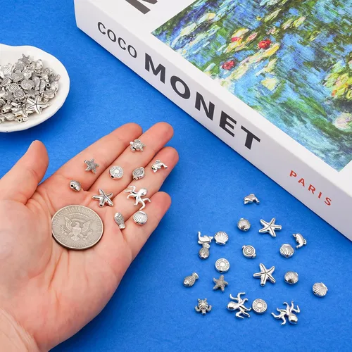 Miniatura 2 de 100 cuentas espaciadoras de plata antigua, cuentas de metal, animales del océano, tortugas marinas, estrellas de mar, peces pequeños, para verano
