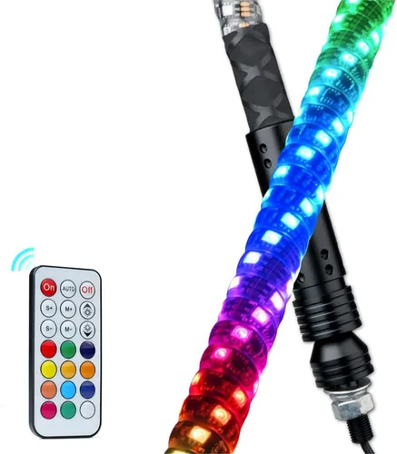 Miniatura 10 de Xprite Luces LED de Látigo Espiral de 91 cm RGB, Luces de Látigo Bailarinas de 360° con Cambio de Colores con Control Remoto y Bandera para Jeep
