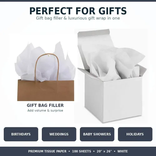 Miniatura 4 de Allgala Papel de regalo de seda, crepe de color, embalaje para regalos, 100 hojas de 20 x 26 pulgadas, color blanco, ideal para bodas, cumpleaños