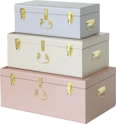 Miniatura 9 de Vixdonos Conjunto de 2 baúles de almacenamiento decorativos de metal – baúl para dormitorio universitario con asa (rosa)