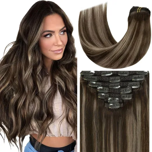 Miniatura 24 de Loxxy Extensiones de cabello humano con clip, sin costuras, 22 pulgadas, color marrón oscuro a castaño oscuro y marrón oscuro, 7 piezas