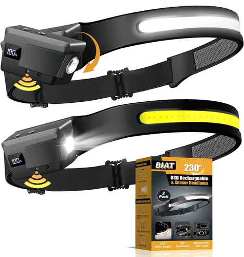 Miniatura 10 de Linterna frontal LED recargable, luz frontal de haz ancho de 230° con sensor de movimiento, rotación de 90° y luces frontales removibles