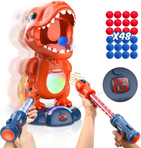 Miniatura 8 de EagleStone - Juguetes de dinosaurio móvil de tiro para niños, juegos electrónicos de disparo al blanco con 2 pistolas de bomba, 48 bolas, juguetes