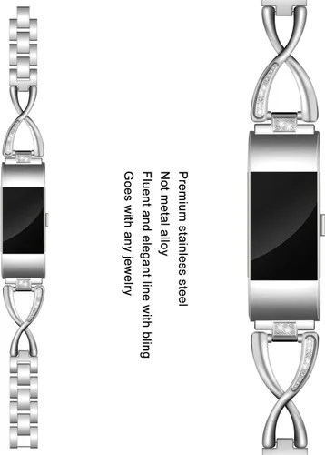 Miniatura 2 de Bandas compatibles con Fitbit Charge 2, bandas de metal con diamantes de imitación brillantes de repuesto para mujer, plata, oro rosa, negro plateado