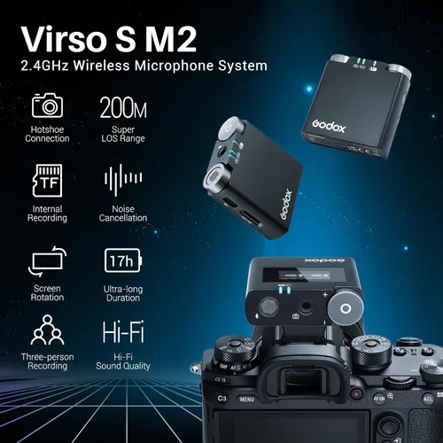 Miniatura 2 de GODOX Virso S M2 Micrófono inalámbrico para Sony, micrófono de solapa inalámbrico con cancelación de ruido de 2.4 GHz, rango de 656 pies, batería