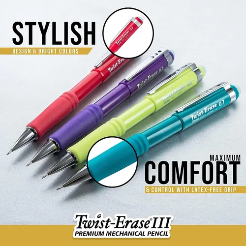 Miniatura 6 de Pentel Portaminas de 0.020 in Twist Erase III, borrador de torsión, mina HB de polímero súper alta precargada, barril negro, paquete de 3