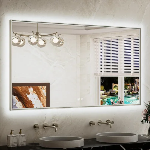 Miniatura 10 de TETOTE Espejo de baño retroiluminado de 30 x 36 pulgadas, marco de metal dorado cepillado, luz LED, 3 colores, blanco/cálido/natural, sin escalones