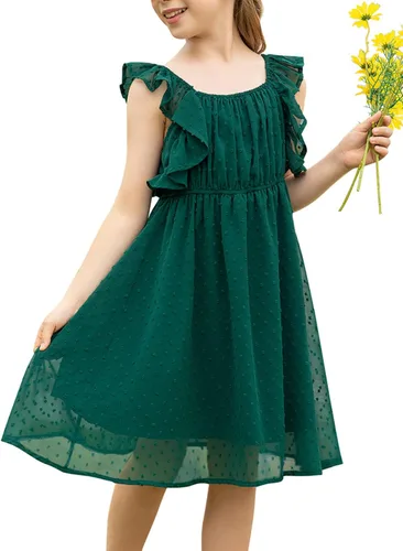 EISHOPEER Vestidos para niñas de 5 a 13 años con mangas con volantes y lunares suizos, estilo casual, acampanado, vestido de fiesta estilo patinadora