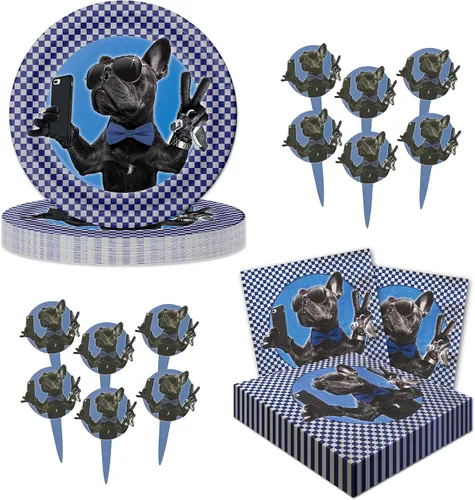 Havercamp Juego de fiesta temática de bulldog o perro para 16 invitados; incluye 16 platos llanos y servilletas de almuerzo de 9 pulgadas y 24