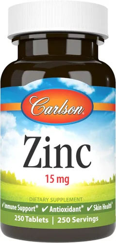 Carlson Zinc 15 mg – Suplemento de gluconato de zinc para apoyo inmunológico y salud de la piel – Tabletas de zinc antioxidante – 250 unidades