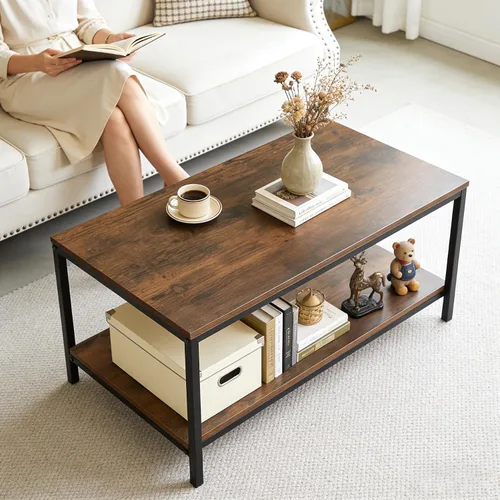 Miniatura 8 de SUPER DEAL Mesa de café industrial de 2 niveles con estante de almacenamiento para apartamento pequeño, sala de estar, mesa auxiliar rectangular